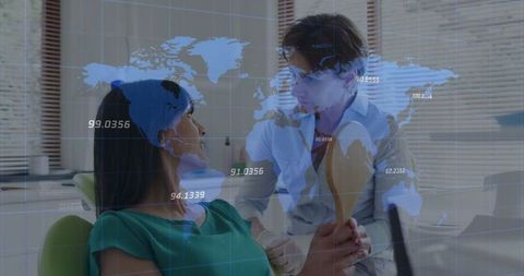 Dentist Evaluating Patient with World Map Overlay Indicating Global Insights