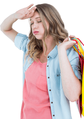 Exhausted Woman Holding Shopping Bags with Transparent Background