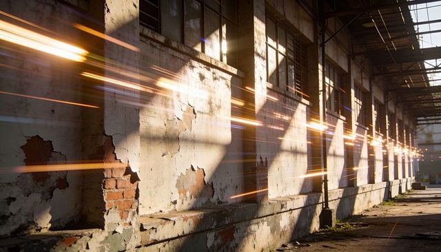 Abandoned factory reclaiming light, cracked plaster exposing brick, golden light trails