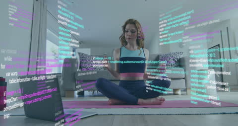 Woman Practicing Yoga Amidst Digital Data Visualization