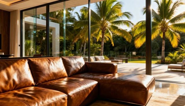 Sunlight streaming over brown leather sectional sofa with tropical palm patio view