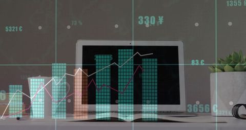Digital Laptop Workspace with Overlaid Financial Charts