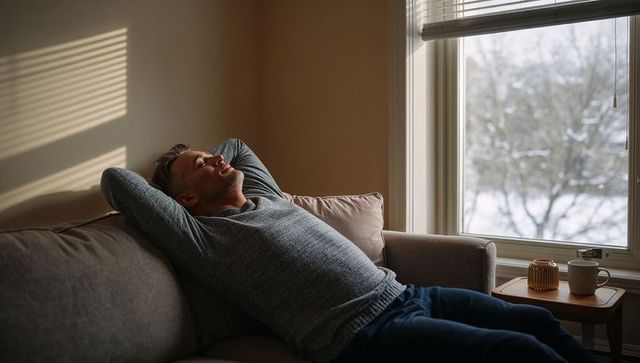 Relaxing man reclining on sofa in winter sunlight beside window with coffee mug