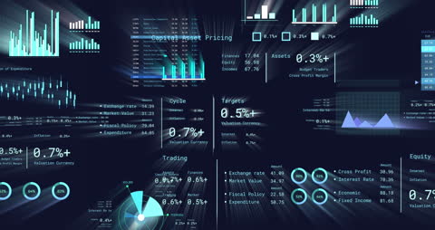 Glowing Digital Interface with Financial Graphs and Data Visualization