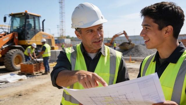 Supervisor pointing at blueprint while mentoring young worker on construction site