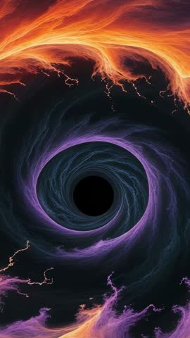 Vertical Looping Cosmic Vortex Rotating into Black Void with Neon Nebula Flows