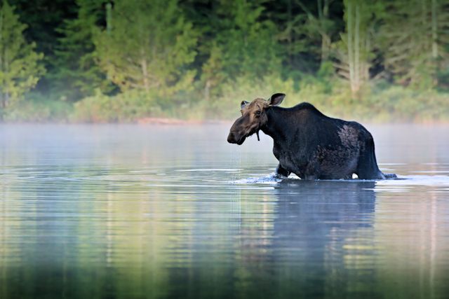 This stock photo depicts a moose standing in the calm waters of a lake with a forest in the background. The early morning mist and still water create a serene and tranquil atmosphere. It can be used for nature and wildlife blogs, environmental conservation articles, or as a pleasing visual in relaxation and meditation content.