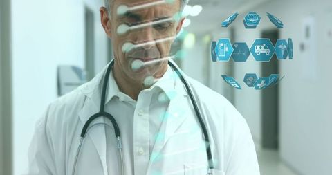 Doctor Analyzing Healthcare Data with Futuristic Interface