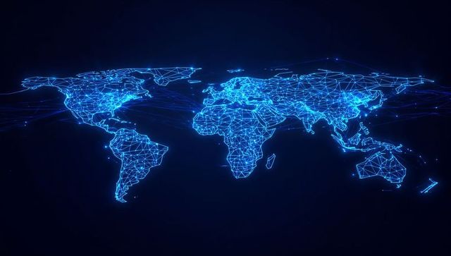 Futuristic Neon Blue Digital World Map with Global Connectivity
