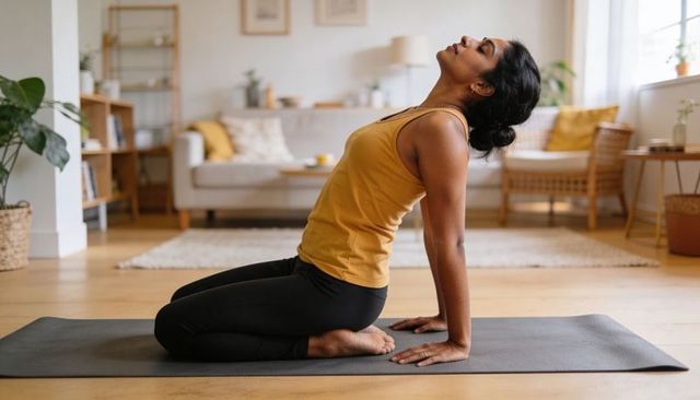 Indian woman practicing yoga kneeling backbend on mat at home, calm wellness, minimalist