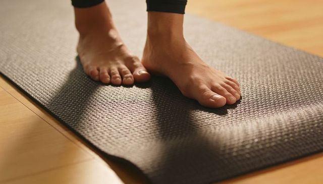 Bare feet balancing on textured black yoga mat on hardwood floor