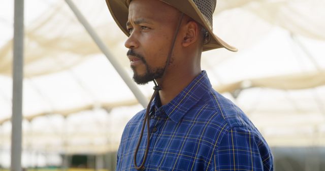 African American farmer wearing a hat and plaid shirt is standing in a greenhouse. He looks focused and attentive. This could be used for content related to agriculture, farming lifestyle, rural life, sustainable farming practices, or agribusiness promotions.