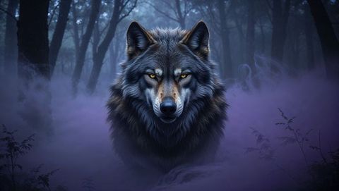 Majestic werewolf roaming enchanted forest in purple haze