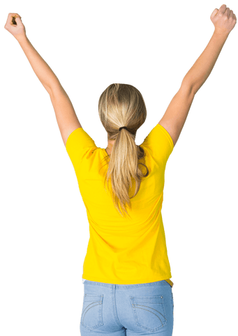 Joyful Woman Celebrating with Raised Arms, Transparent Background
