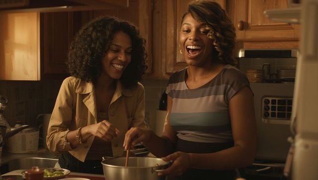 Laughing friends cooking together in cozy kitchen stirring pot and sharing moments over dinner