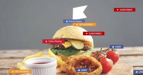 Cheeseburger with melting cheddar and fries showing social notifications overlay for marketing