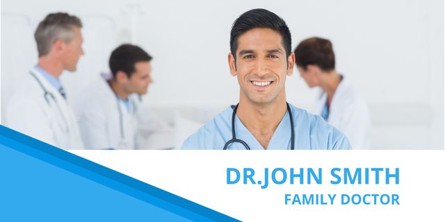 Use this image to promote healthcare services, clinics, and medical professionals. The smiling doctor conveys trust, professionalism, and a welcoming atmosphere, ideal for healthcare advertising materials, websites, and brochures.