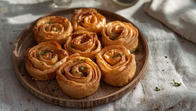 Golden rose-shaped puff pastry swirls resting on wooden board garnished with herbs