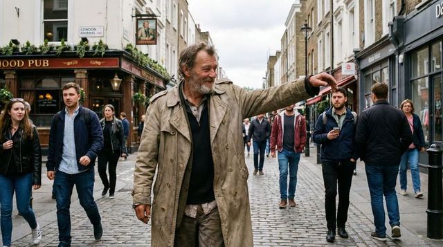 Bearded man pointing while strolling down historic cobblestone street near pub
