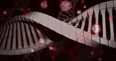 Twisting dna helix with glowing red particles in molecular visualization