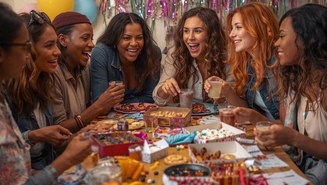 Group of friends laughing and celebrating around festive snack table with balloons