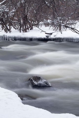 Winter river flowing around ice-covered rock with snow-blanketed banks and bare trees