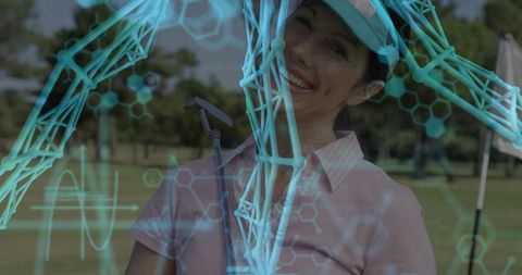 Mature woman golfer smiling and gripping putter on fairway with molecular tech overlay