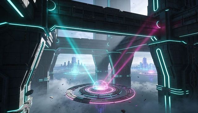 Neon floating landing platform with magenta and cyan holographic beams over cloud city