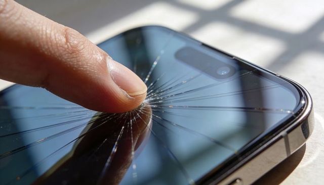 Fingertip pressing cracked smartphone screen with radial glass fracture and reflections