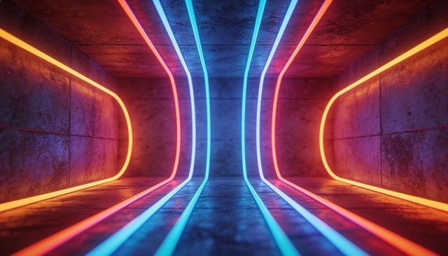 Neon tunnel with symmetric glowing lines and concrete panels, futuristic chromatic corridor