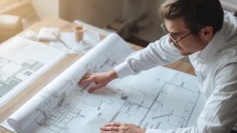 Architect unrolling and tracing blueprints at desk, reviewing architectural plans