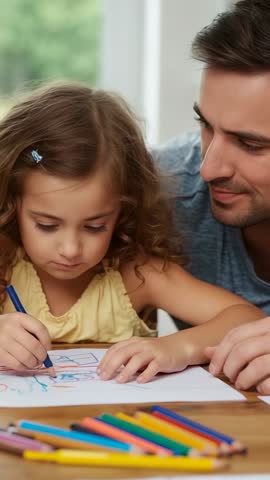 Father Guiding Daughter Drawing with Colored Pencils at Window Table - Vertical Family Learning Vide