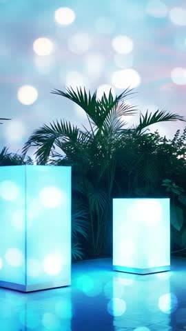 Switching on LED columns creating color-shifting ambient glow with tropical foliage