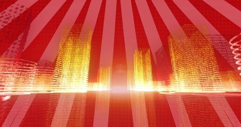Neon gold skyline rising from crimson horizon with reflective rays and glossy effect