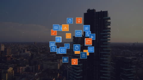 Animated Media Icons Over Urban Skyline at Dusk