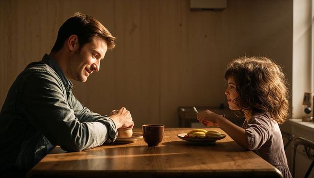 Father and daughter sharing cozy sunlit breakfast at wooden table, warm family moment
