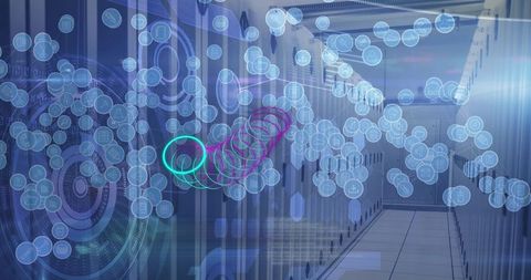 Digital interface icons overlaying server room