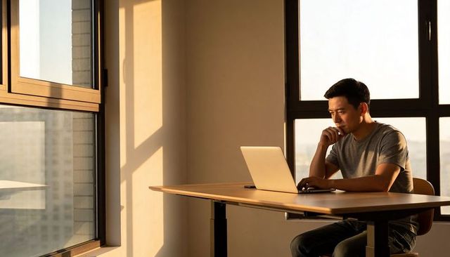 Asian man working on laptop by sunlit highrise window, focused minimalist home office