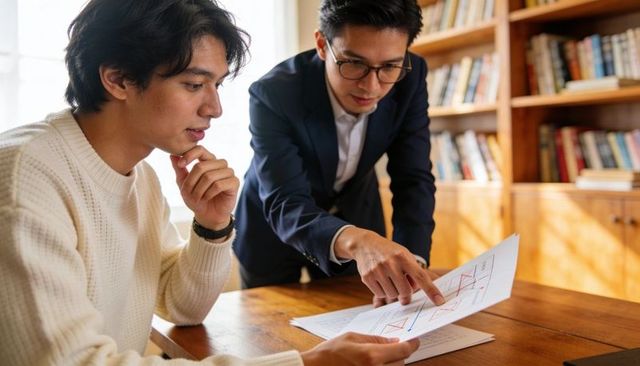 Manager pointing at charts mentoring junior in home office reviewing business analysis