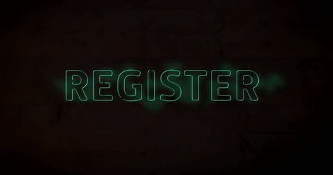 Neon register text on dark background