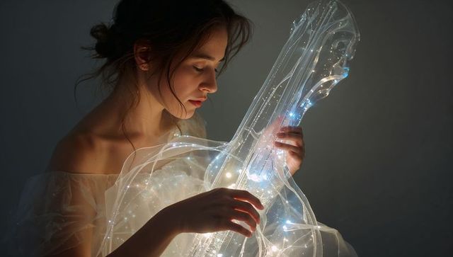 Cradling woman with glowing transparent led cello, ethereal low-key portrait of serenity