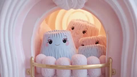 Pastel Plush Characters Blinking and Swaying in Decorative Arch Niche on Brass Rail