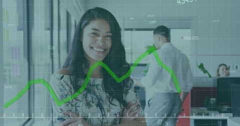 Smiling Businesswoman in Office with Digital Data Overlay