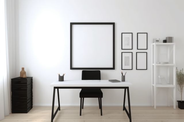 Ideal for articles on home office organization, modern decor inspiration, or minimalist interior design ideas. Can be used for blogs, social media posts, or digital marketing material emphasizing a clean and productive work environment.
