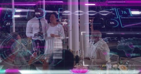 Evening terrace dinner blending social gathering with futuristic hud overlays and ar visuals