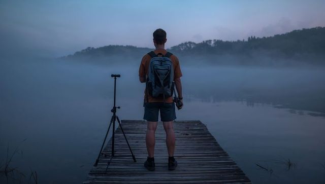 Photographer standing on misty lake dock at dawn holding camera with backpack and tripod