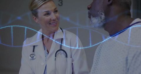 Doctor consulting senior patient with DNA helix overlay, genetic counseling and precision medicine