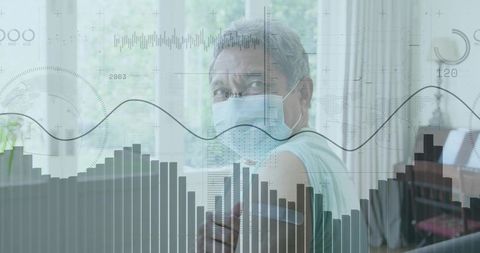 Elderly woman receiving vaccine with data overlay in clinic environment