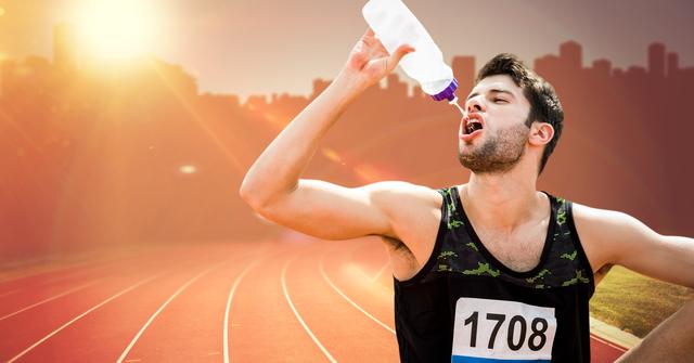 Young male runner hydrating with water during sunset on a running track with cityscape in the background. Useful for representing athletic training, endurance sports, hydration, and urban fitness scenes.