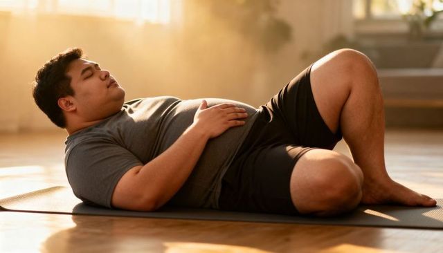Asian man practicing deep breathing mindfulness on yoga mat in warm sunlit studio